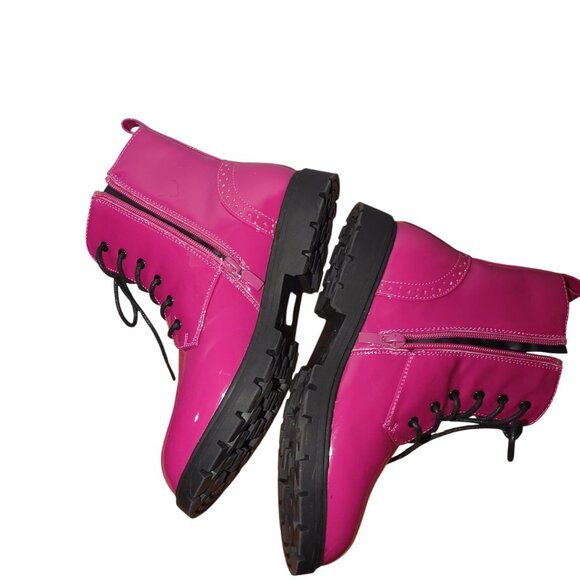 Hot Pink Combat Boots W/Lace-Up Front/Side Zippers & Black Soles SIZE: 3 - Dream - Picture 5 of 8